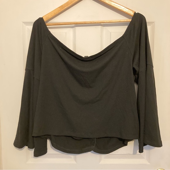 Torrid Black Ribbed Bell Sleeve Midi Off Shoulder Top - Picture 3 of 6
